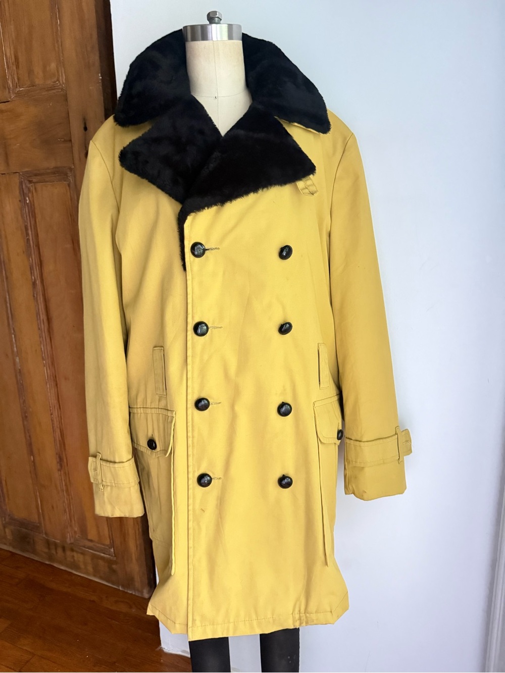 Vintage Cresco Mustard Faux Fur Lined Car Coat Double Breasted Size 38 Medium